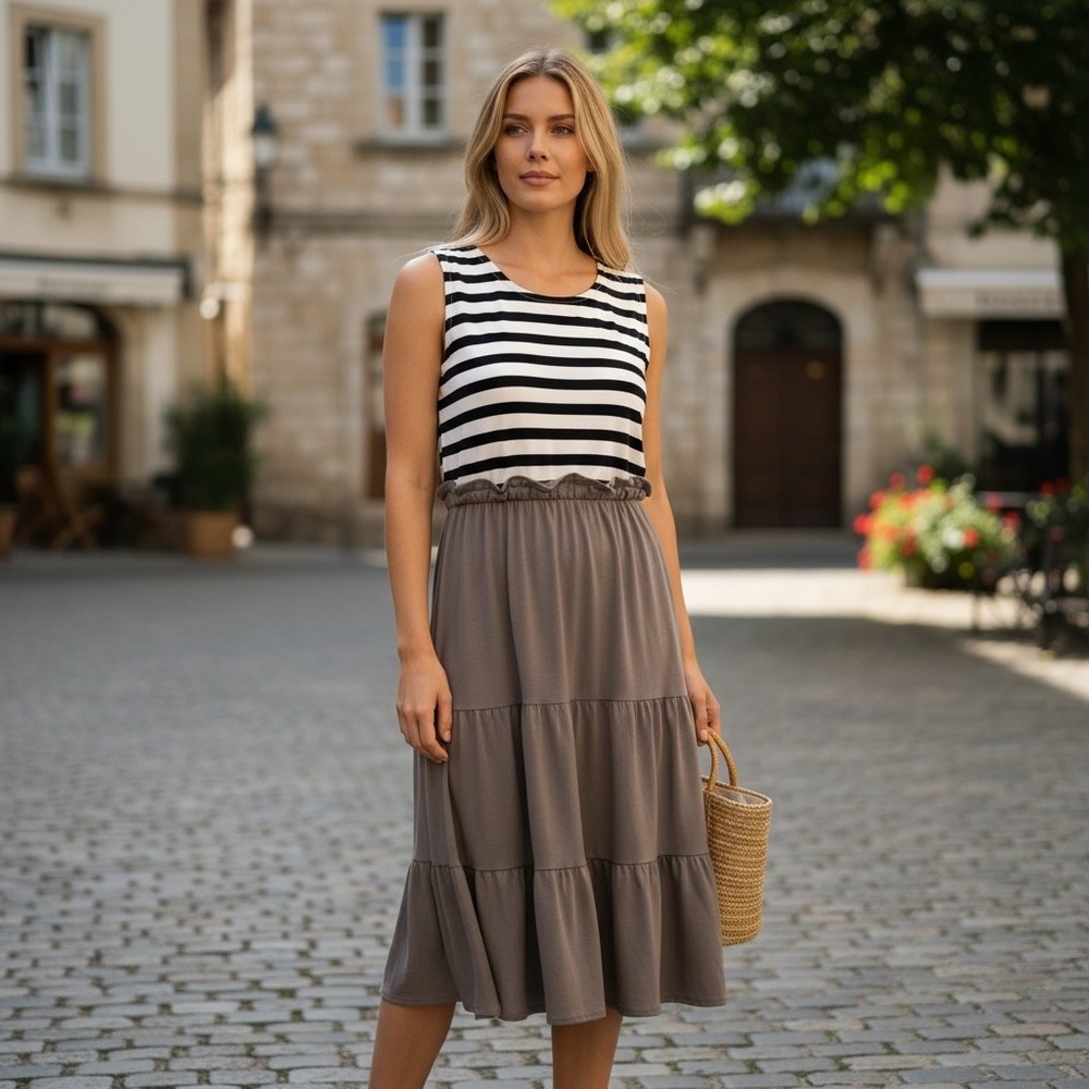 Vanilla Bay Striped Tank Tiered Midi Minimalist Tie Back Dress Women's Small